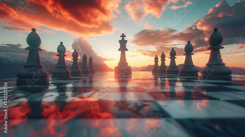 A surreal chessboard landscape, with each piece representing a life decision, creating a visual metaphor for the strategic journey of an individual.