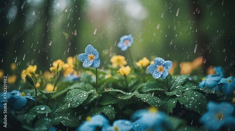 Rain gently falls on vibrant blue flowers and lush green leaves in a peaceful springtime garden.
