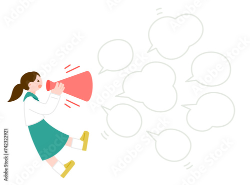メガホンを持って意見を主張する女子学生のイラスト素材