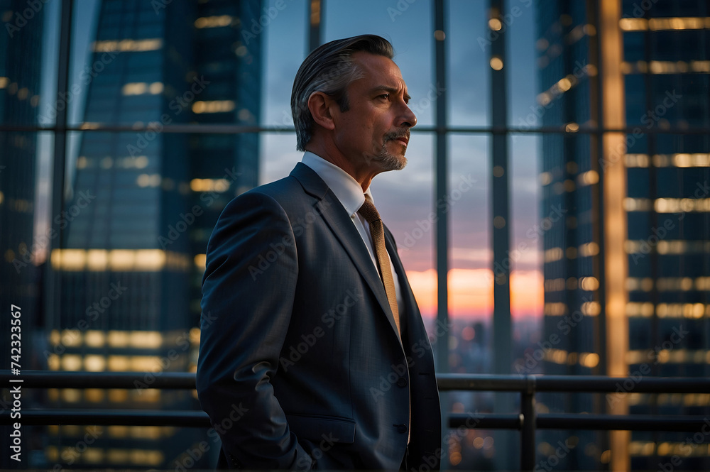 Fototapeta premium A handsome middle-aged businessman standing at his office window with the lights of city skyscrapers behind him.