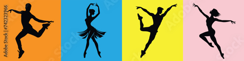 Dancer silhouette on vibrant backgrounds, dynamic dance poses. Perfect for dance studio promotions, event posters, artistic expressions. Captures essence of movement, elegance in every posture