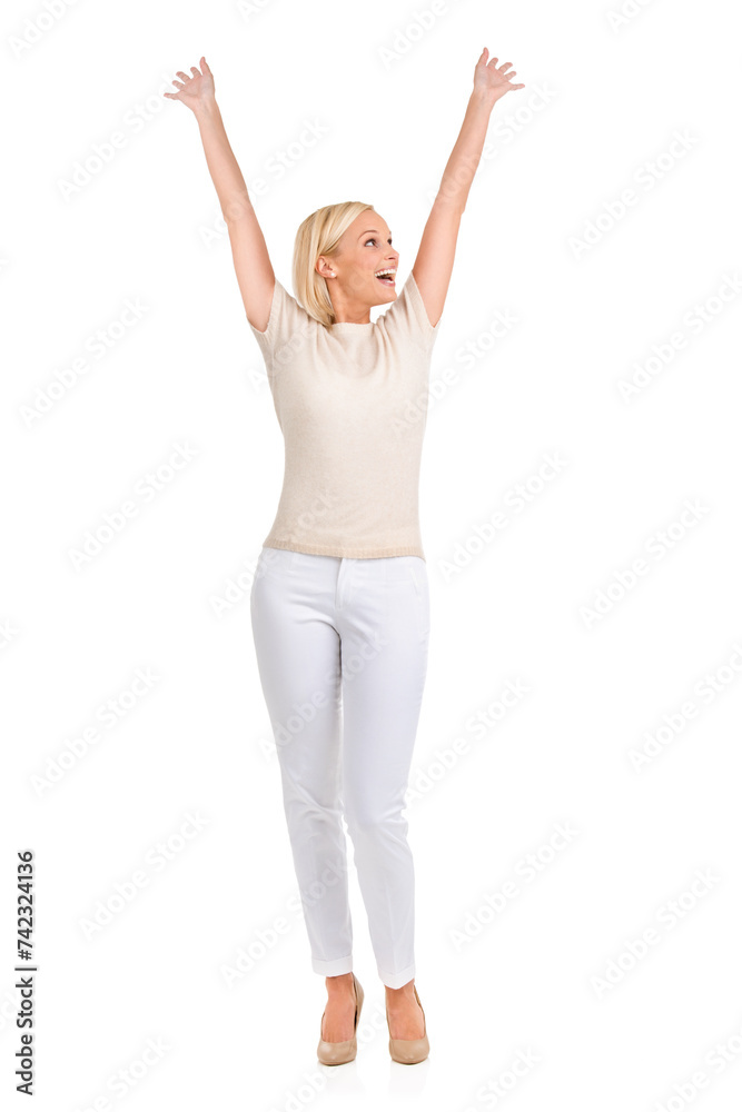 Woman, winner and arms up in studio for success, winning and achievement with fashion, bonus or sale. Excited person in heels and stylish clothes with yes, wow and celebration on a white background Woman, winner and arms up in studio for success, winning and achievement with fashion, bonus or sale. Excited person in heels and stylish clothes with yes, wow and celebration on a white background