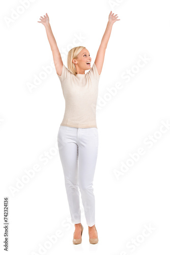 Woman, winner and arms up in studio for success, winning and achievement with fashion, bonus or sale. Excited person in heels and stylish clothes with yes, wow and celebration on a white background