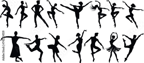 Dancer silhouettes  ballet  modern dance positions. Dynamic  elegant figures showcasing various dance moves. Perfect for design projects related to dance  performance arts  fitness