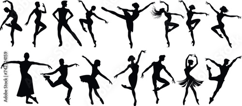 Dancer silhouettes, ballet, modern dance positions. Dynamic, elegant figures showcasing various dance moves. Perfect for design projects related to dance, performance arts, fitness