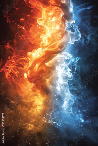 Fondo abstracto textura de diferentes fluidos que contrastan,  fuego color naranja y flamas azules con agua y humo.  photo