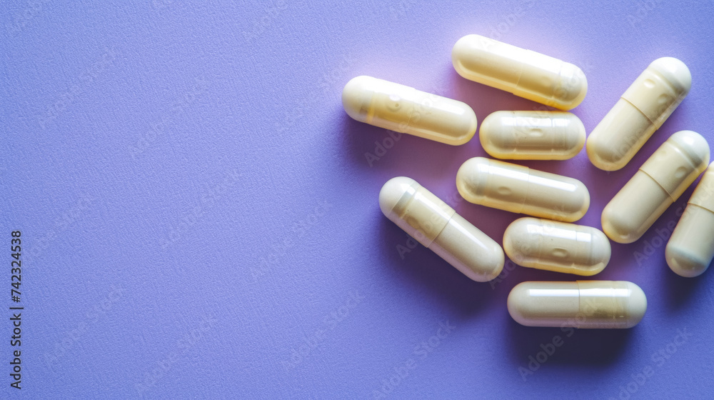 Top-down view of pills on a purple backdrop, showcasing the array of medications for wellness