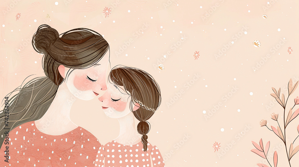 Illustration with adorable mother and daughter on light background. Sweet banner Illustration with adorable mother and daughter on light background. Sweet banner