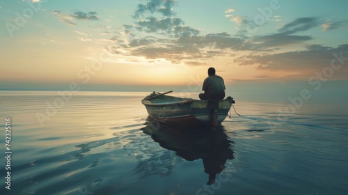 A fisherman sits in a fishing boat alone in the sea at dawn. © somchai20162516