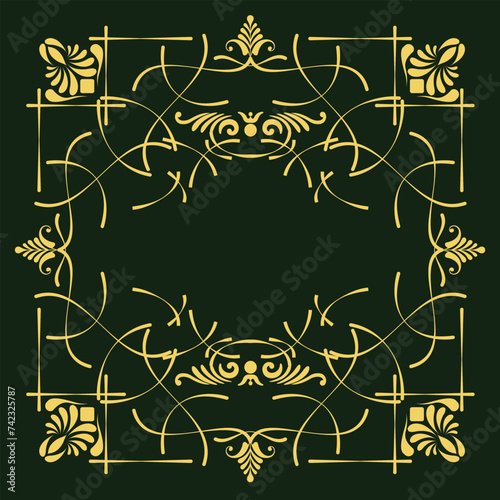 Gold ornament on deep green background and set of dividers Vector