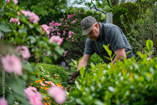 Work in the garden: A gardener is trimming, pruning and shaping boxwood, buxus using hedge shears with blooming flowers, arabis and creeping phlox in the background © Fabio