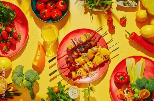 Vibrant Summer Barbecue Spread with Fresh Vegetables and Fruit Skewers, bright yellow table with skewers and vegetables, in the style of vivid birdlife, colorful pop