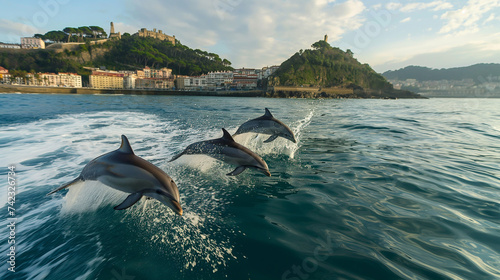 Dolphins in the waters of the Bay of Biscay off the coast of Spain.
