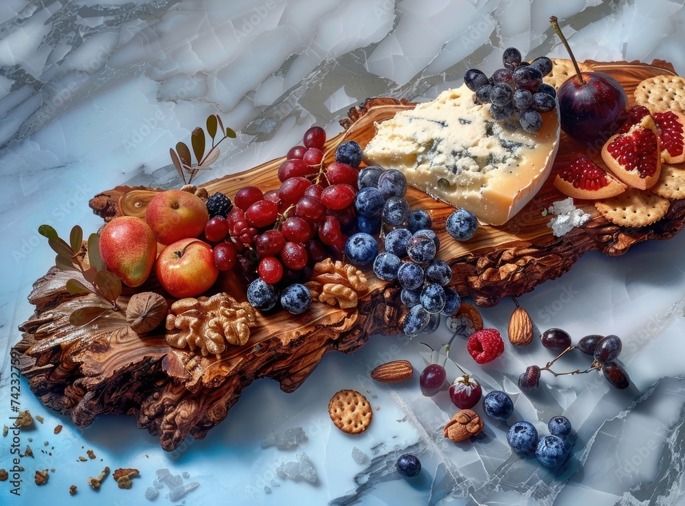 Gourmet Cheese and Fruit Platter on Rustic Wooden Board, wooden plank with fruit, nuts and crackers on it