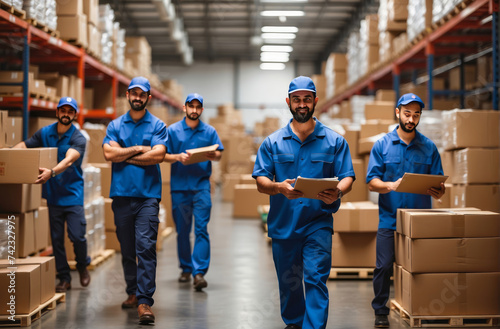Busy rush workflow of hardware store employees. Group of workers working in large warehouse, shipping goods, prepare cardboard boxes for freight. International export business, and storehouse workflow photo