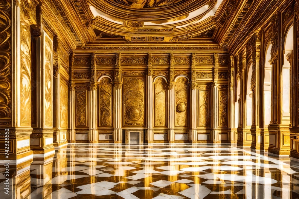 Fototapeta premium Opulent golden palace interior with ornate baroque architecture, majestic royal ballroom featuring intricate gold leaf carvings, luxury marble floors in a grand historical hall setting