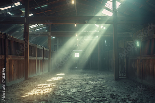 Empty Horse Barn - empty wooden stalls and light rays photo