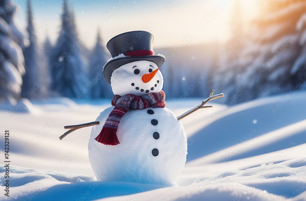 Fototapeta premium Panoramic view of happy snowman in winter secenery with copy space 