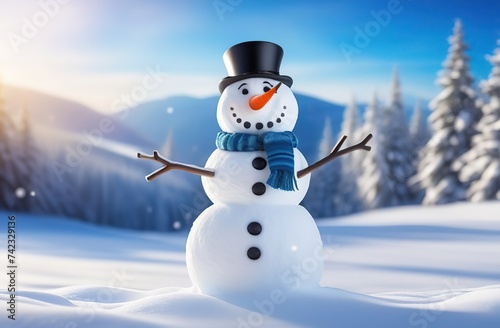 Panoramic view of happy snowman in winter secenery with copy space  © Kseniya Ananko