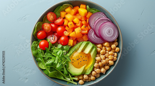 Bowl of fresh raw salad from tomato, pumpkin, avocado and greenery