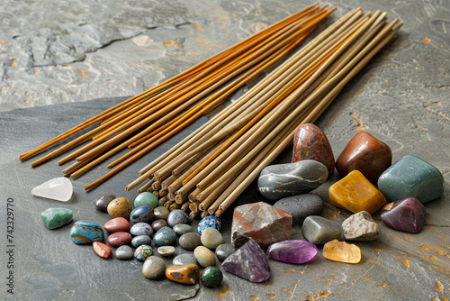 Semi precious stones and aromatic sticks set up