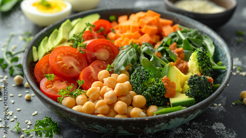 Bowl of fresh raw salad from tomato, pumpkin, avocado and greenery