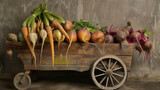 A rustic wooden cart overflowing with a variety of root vegetables including carrots tur and beets.