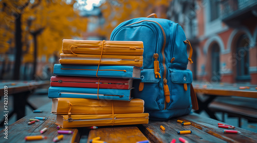 Different colored school equipment on the bench near a school, concept of education