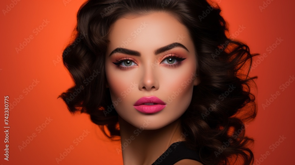 Close-up Studio Portrait of a beautiful young brunette woman with bright makeup on an orange background. Lips, Lipstick, Eye Shadow, Cosmetics, Beauty Salon concepts. Close-up Studio Portrait of a beautiful young brunette woman with bright makeup on an orange background. Lips, Lipstick, Eye Shadow, Cosmetics, Beauty Salon concepts.