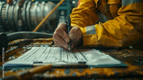 safety officer is writing and check on checklist document during safety audit