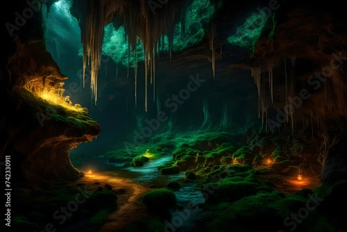 A cave s underground depths  lit by the ethereal light of glowing fungi.