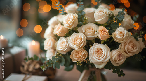 Bouquet of beige roses. Concept of wedding or anniversary