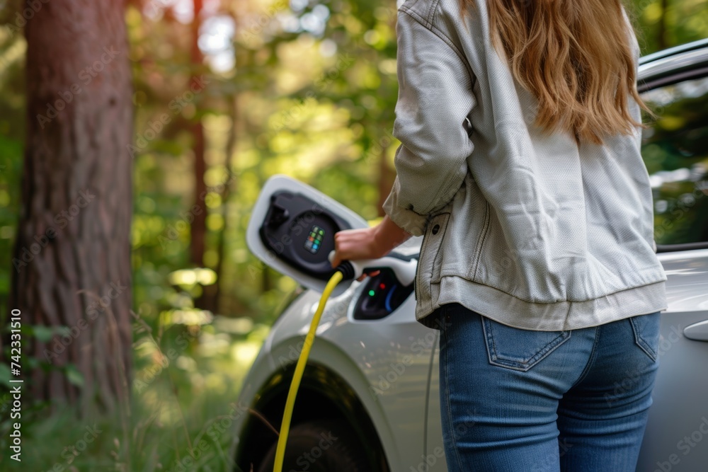 Woman charging electric automobile Woman charging electric automobile