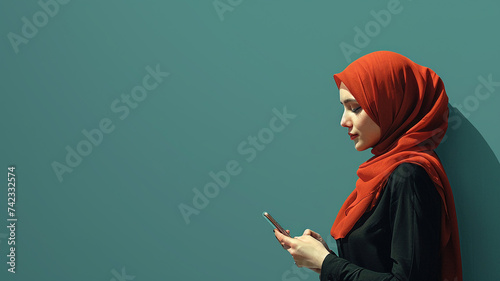 Red-haired executive in hijab, black dress, phone, on solid green.