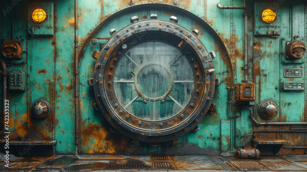 An old and rusty bank vault door in a shelter