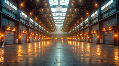 Warehouse interior with shelves and boxes in a modern factory building