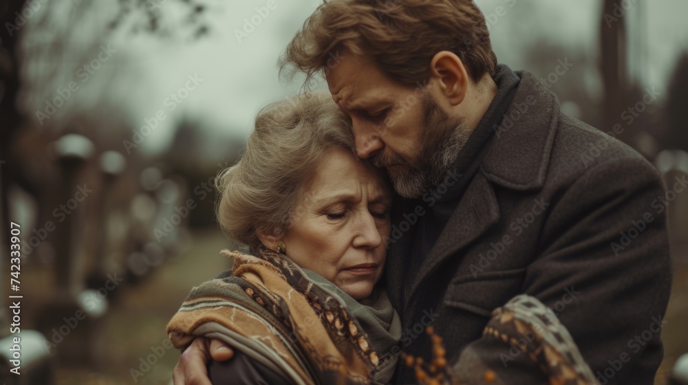 An emotive image of an older couple at a graveyard, with the woman leaning on the man for support, both displaying expressions of grief and comfort in a moment of sorrow
