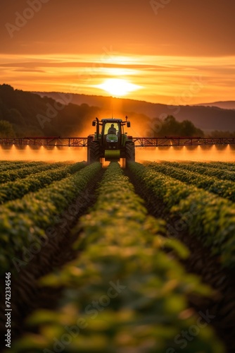 A tranquil sunset scene with a silhouette of a tractor spraying crops, showcasing the beauty and hard work of agricultural life