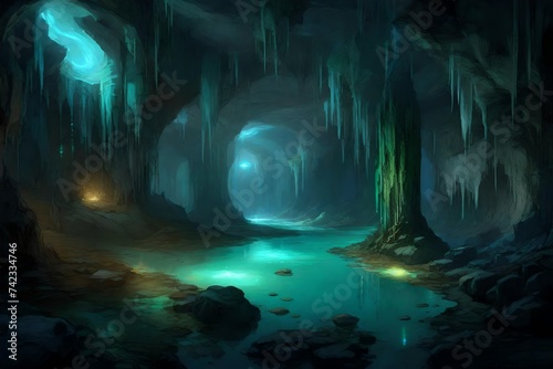A cavern's underground expanse, illuminated by the soft radiance of bioluminescent life. © Muhammad