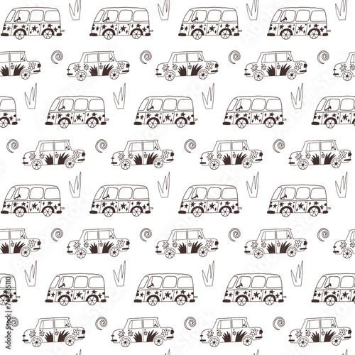 Monochrome car road trip seamless pattern. Adventure hippie transport wallpaper background