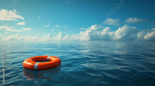 An orange lifebuoy floating on the calm azure sea under a sunny sky with fluffy clouds