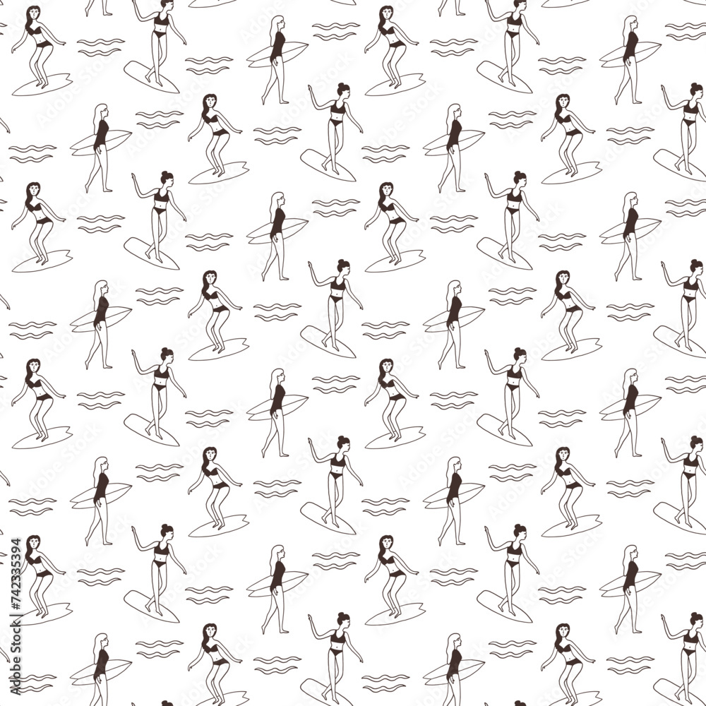 Monochrome surf girl seamless pattern. Retro Surfing Vibes Wallpaper Background Monochrome surf girl seamless pattern. Retro Surfing Vibes Wallpaper Background