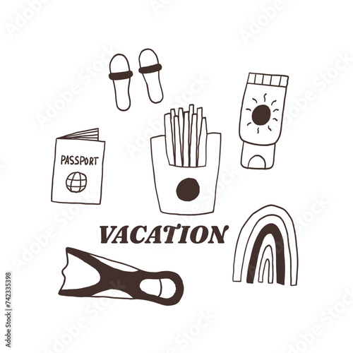 Monochrome vacation Item. Vector doodle hand drawn black and white illustration posters t-shirts and stickers