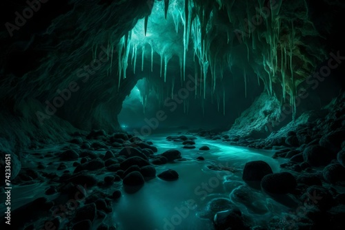 A hidden cave passage, illuminated by the soft glow of bioluminescent organisms.