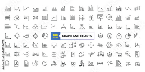 A set of graphs and charts related vector icons design. Graphics linear icon collection.