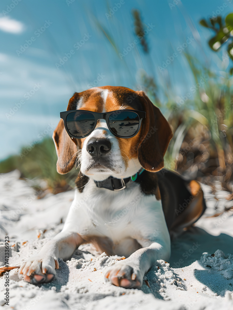 Dog on the Beach. Generative Ai image.