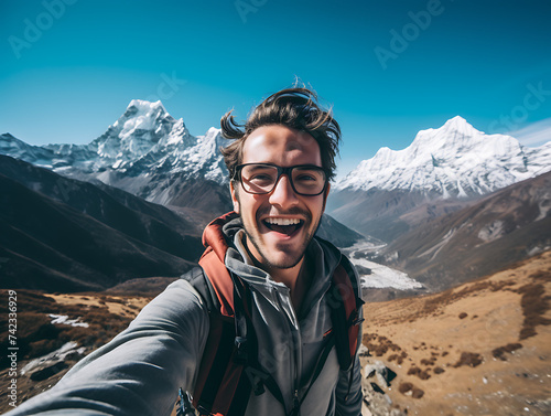 Tourists taking happy selfies at famous tourist attractions, world travel concept.