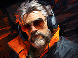 Illustration of a Bearded Old Man with Cool White Hairstyle, Listening to Music with Headphones