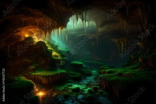 A cave s underground depths  lit by the ethereal light of glowing fungi.