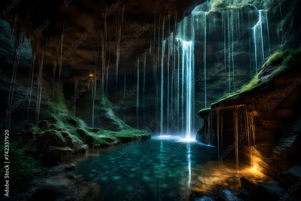 Obraz premium An underground waterfall, where the cave's interior is bathed in the falling water's glow.